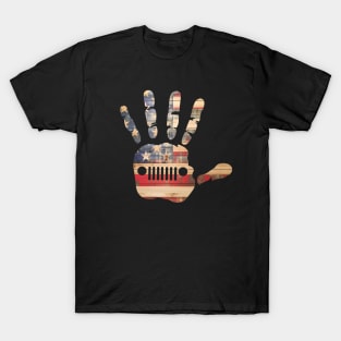 Jeep Hand Palm Print Funny USA Flag Vintage Design Old Cars for Jeep Lovers T-Shirt